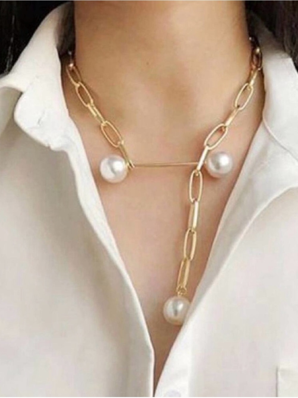 Gold Chain Pearl Lariat Necklace - Designer Style